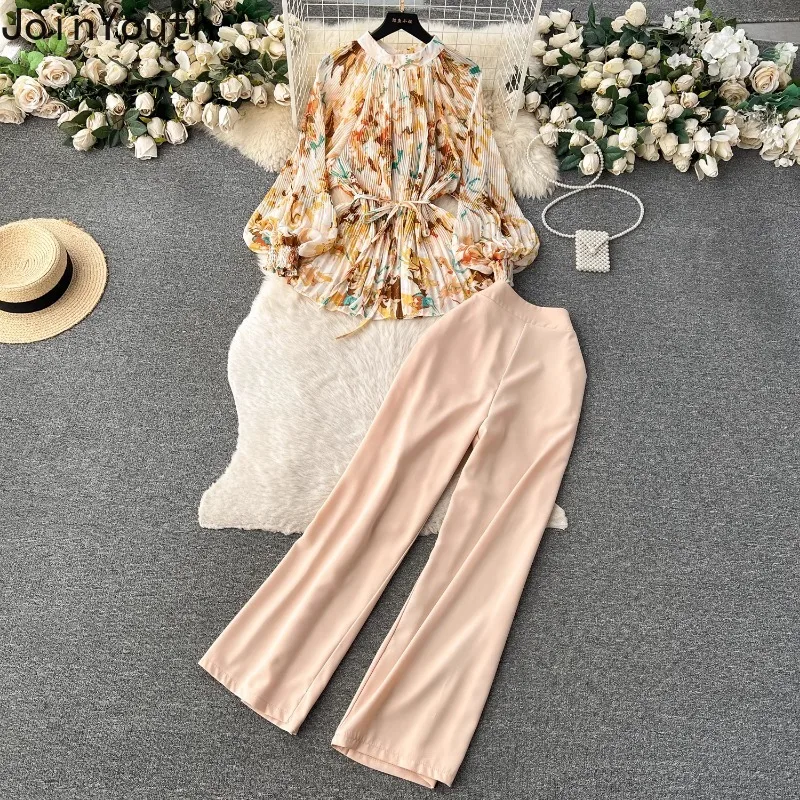 Summer 2 Piece Sets Womens Outfits Slim Waist Pleated Floral Blouse High Waist Straight Wide Leg Pants Suit Chic Temperament Set