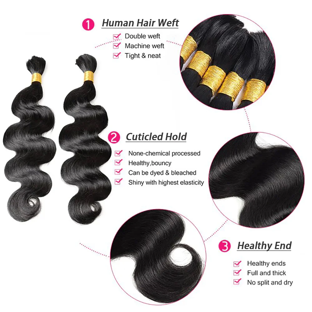 Body Wave Bulk Cabelo humano para trançar, extensões de cor preta natural, sem trama, 100% extensão de cabelo humano para mulheres, 16-26 polegadas