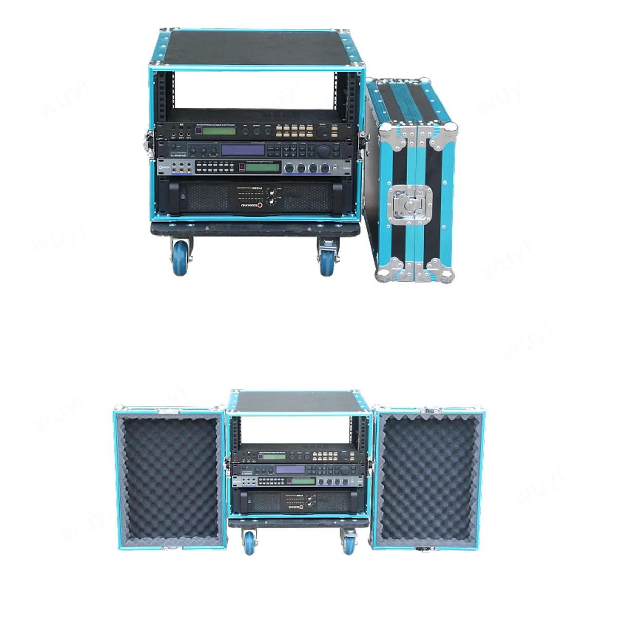 Niestandardowy rozmiar 8U 10U 12U wzmacniacz mocy odporny na wstrząsy skrzynia transportowa z kołami obudowa mikrofonu obudowa ze stopu aluminium