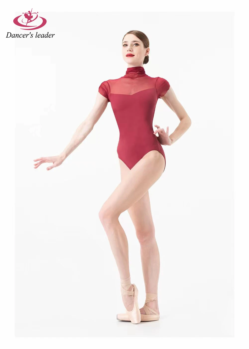 Ballet Costume Leotard for High Neck Pleated Short Sleeve Bodysuit Gymnastics Performance Costume Dress Aerial Yoga Costume