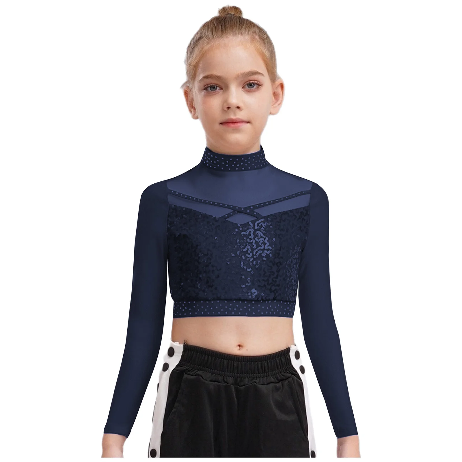 Kinder Mädchen Jazz Dance Top Streetwear Mock Neck Langarm Sheer Mesh Patchwork Glänzende Pailletten Crop Top für Performance Dancewear