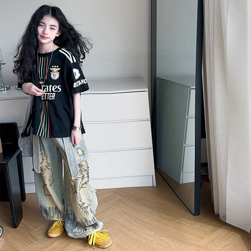 

2026 Girls Summer Set, Korean Kids Casual Short Sleeve & Jeans Two-Piece Trendy Outfit