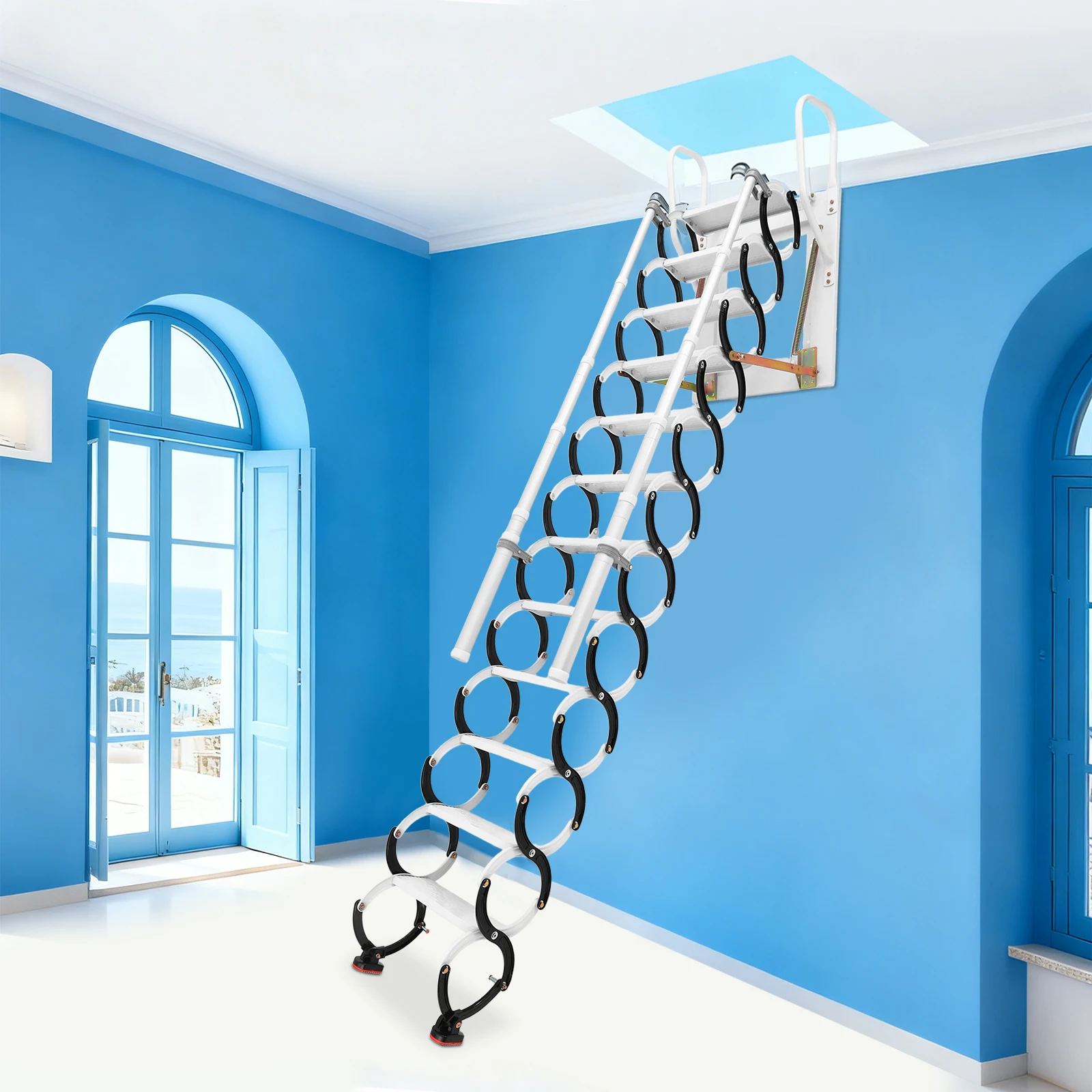 

12 Steps Wall-mounted Cold-rolled Steel Ladder Black&White Ladder for Hotels Guesthouses Attics Duplex Apartments