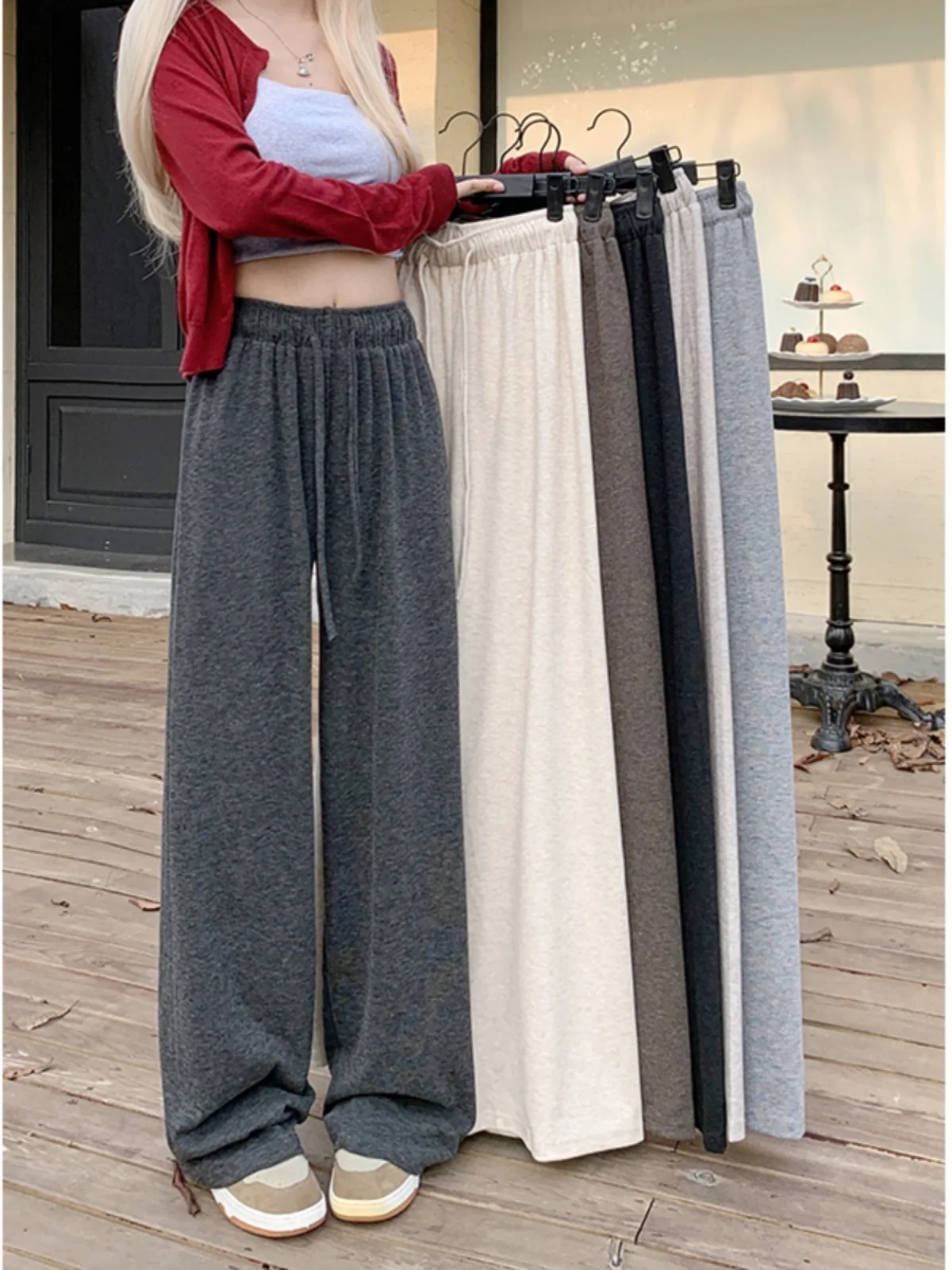 Drawstring Elastic High Waisted Floor Length Casual Pants For Women In Spring 2025 New Versatile Sweatpants Solid Grey Black