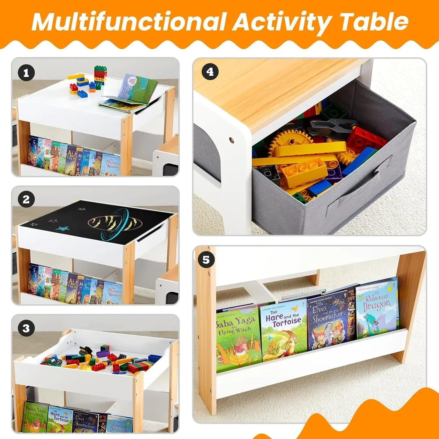 Table and Chair Set,4 in 1 Toddler Desk with Storage Drawer,Wooden Activity Table for 2 in 1 Detachable Tabletop,Bookshelve,Suit