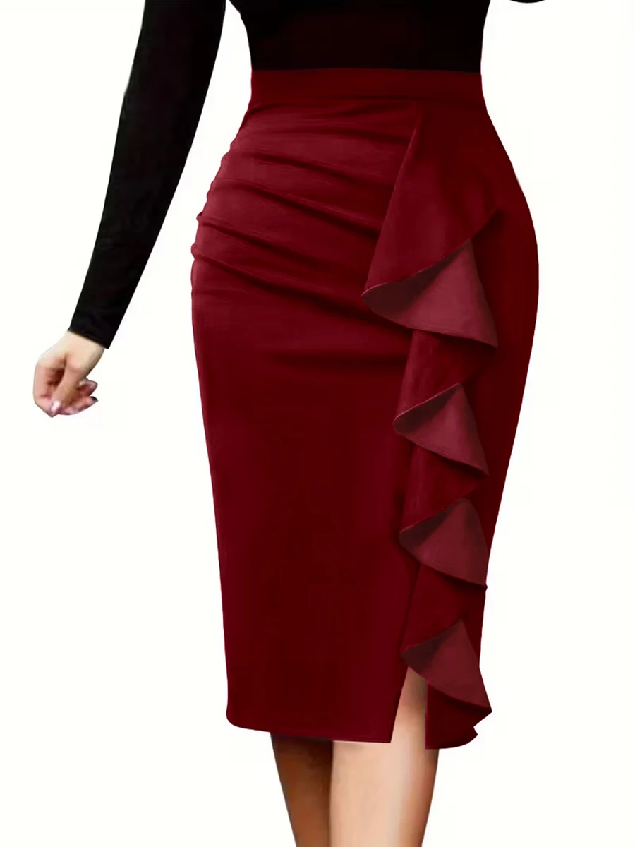Women Elegant High Waist Pencil Midi Skirt, Ruffle Decor Side Split Bodycon Skirt Stretch Slim Fit Office Party Wear Burgundy H
