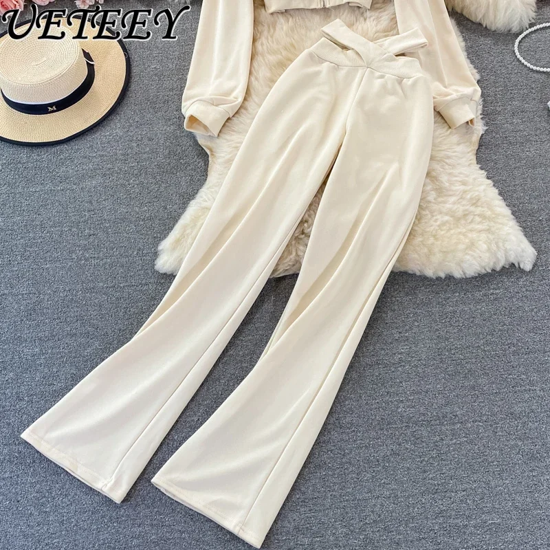 Sports Leisure Suit Women\'s Western Style Cropped Hoodie Two-Piece Set High Waist Straight Pants Wide Leg Pants Long Pants