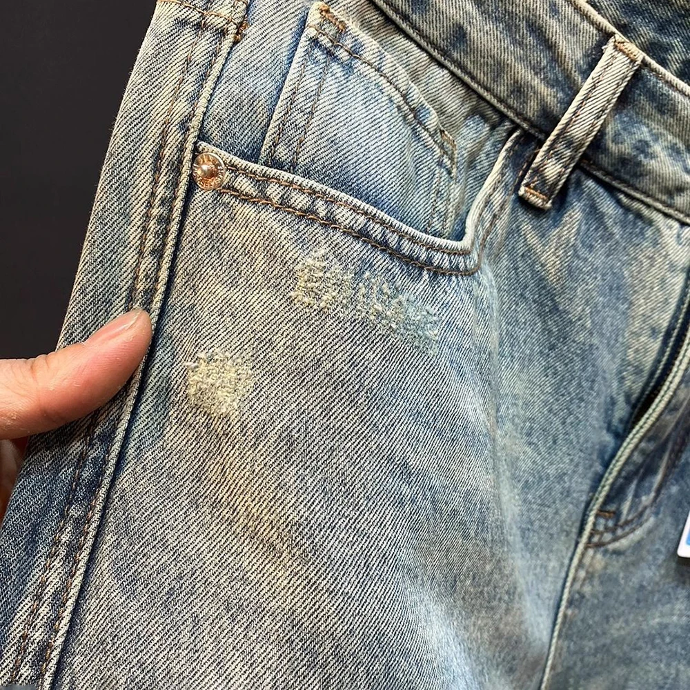 夏の新メンズソリッドカラーハーレムスキニージーンズアメリカンレトロファッショントレンドストリートヒップホップカジュアル通気性メンズボトムス