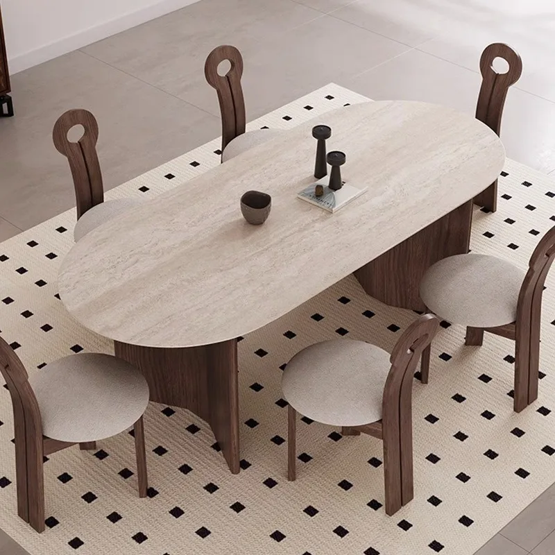 Modern simple wabi-sandy wind solid wood small apartment travertine rock slab dining table