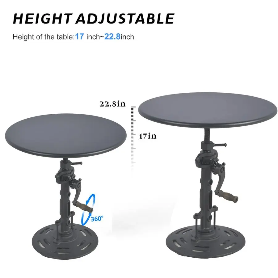 ヴィンテージ風インダストリアル調、高さ調節可能なクランク式テーブル。家庭用またはカフェ用。丸型鉄製ビストロダイニングデスク。機械風ハンドル付き。