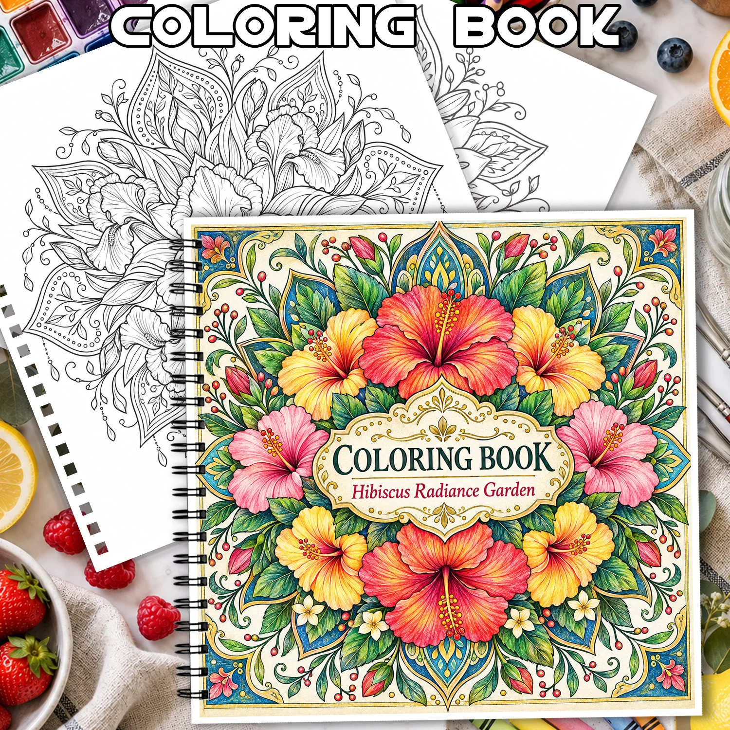 Spiral Binding Coloring Book Hibiscus Radiance Garden Design For Adults Teens Showcasing Creativity Relieving Stress 24 Sheets