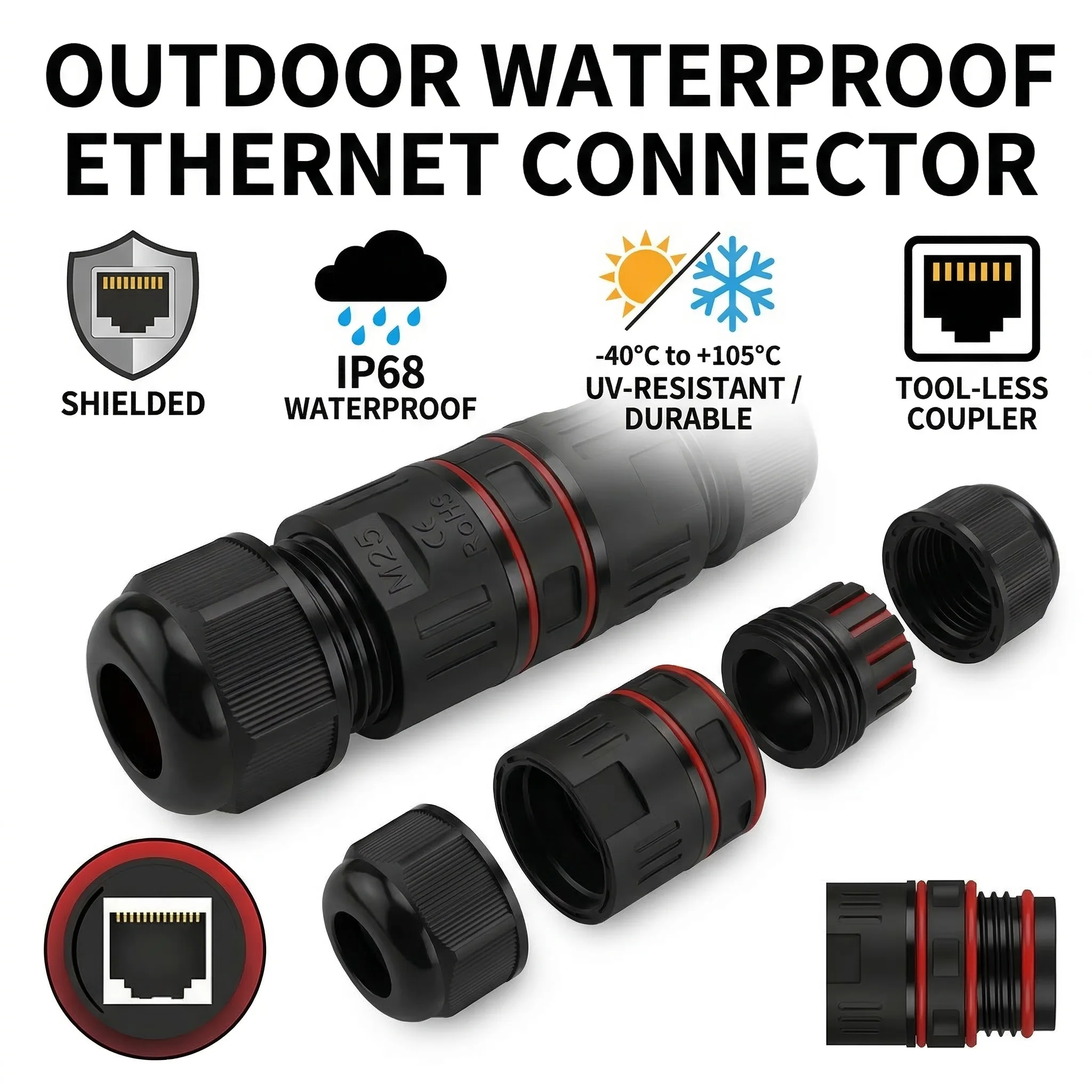 

Outdoor Waterproof 10Gbps Cat6A Shielded Lightning Protection Ethernet Coupler, IP68 Surge Proof Network Extender for Monitoring