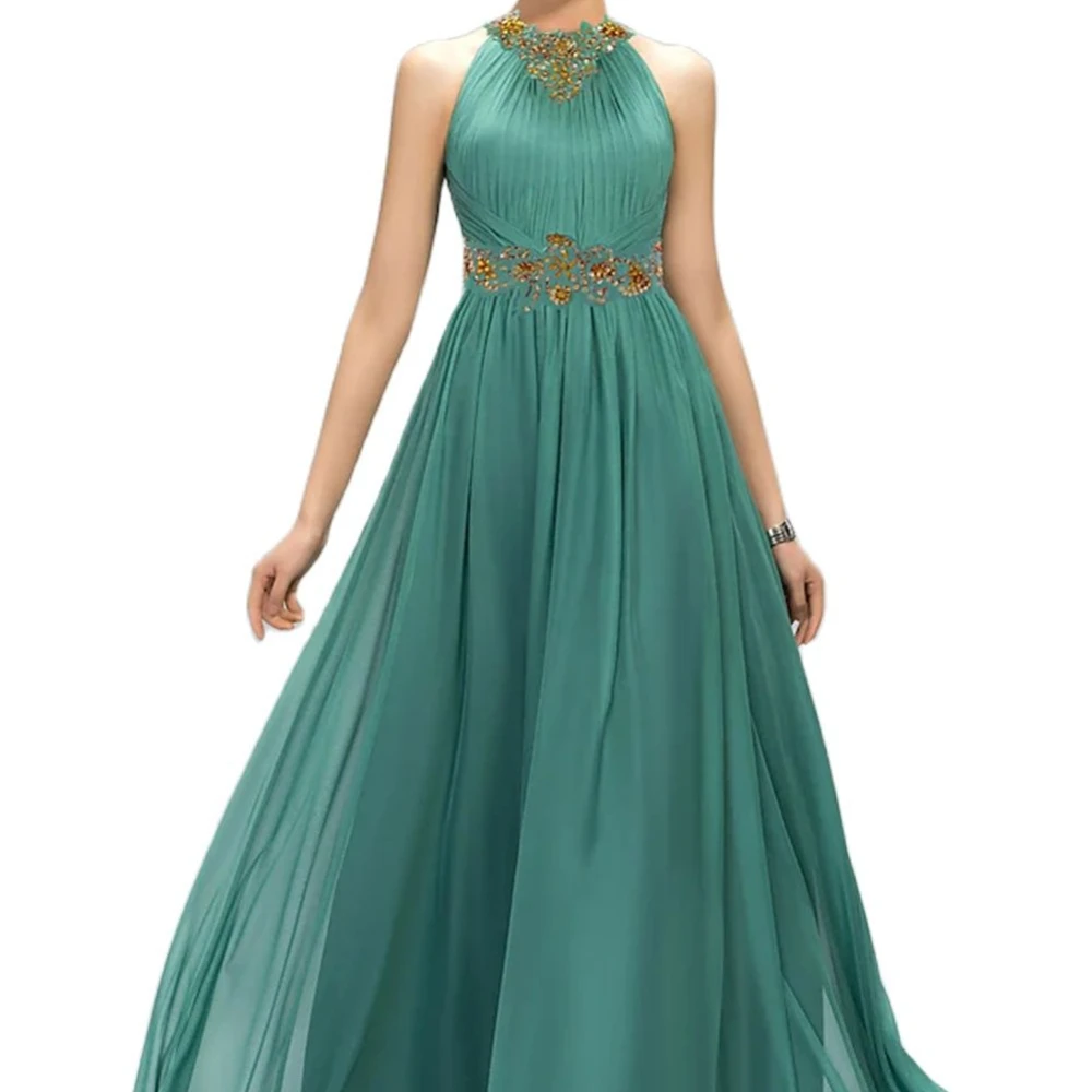 A-Line Halter-Neck Floor-Length Chiffon Sleeveless Wedding Guest Beading 2024 Homecoming Dress Back Zipper Prom Dress for Women