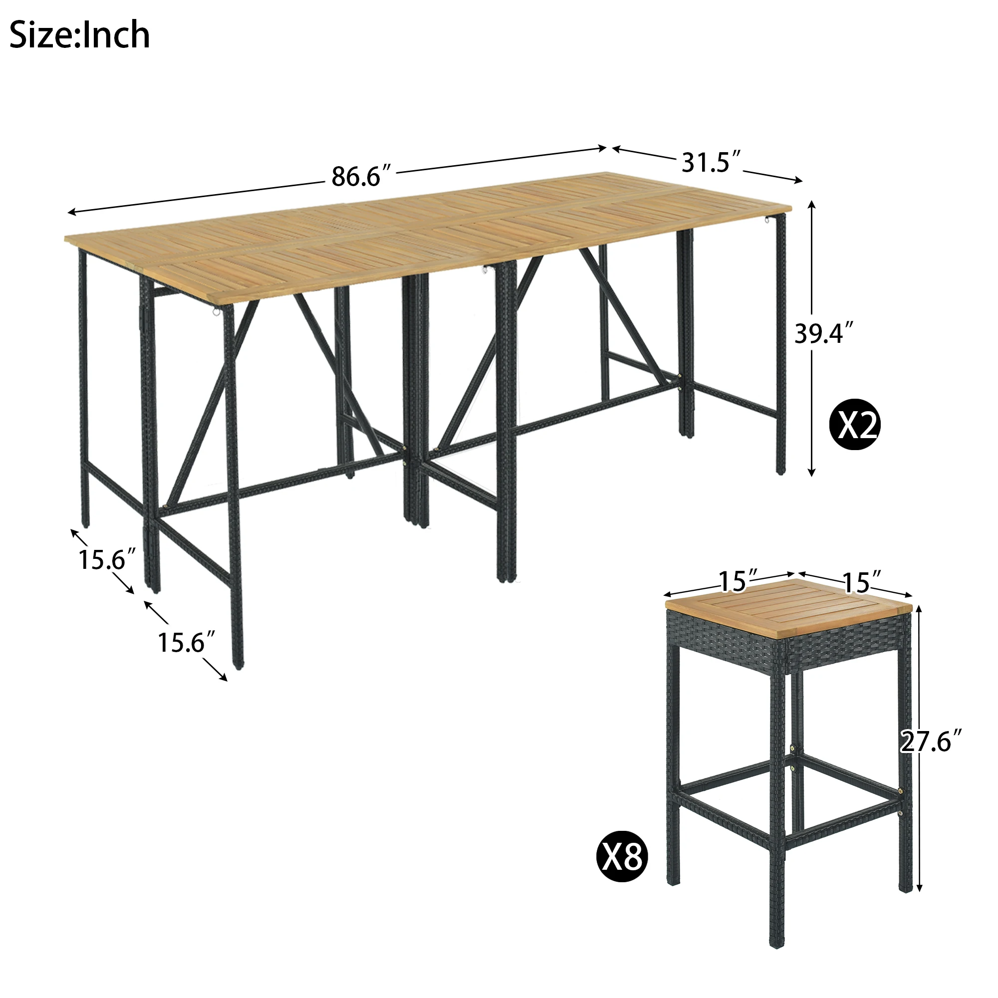 [Flash Sale]10&5 Piece Outdoor Patio Wicker Bar Set Garden PE Rattan Wicker Dining Table Square Stool Set