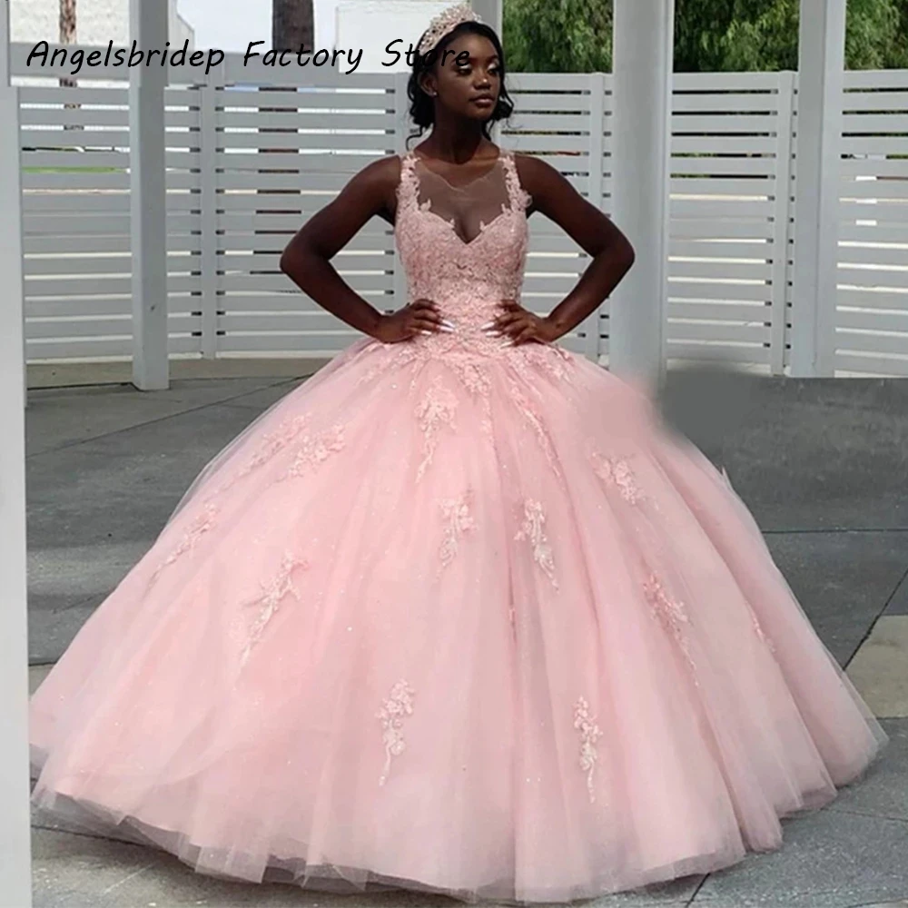 

Angelsbridep Sweet Illusion African Ball Gown Quinceanera Dresses Sleeveless Lace Appliques Open Back Sweet 15 Prom Party Dress