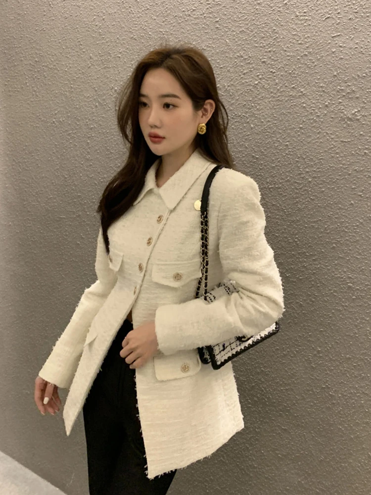 

Ele Autumn Long Sve Lapel Coat Women's Single Button Asymmetrical Slim Fit Outerwear Chic Commute Sle Faionable