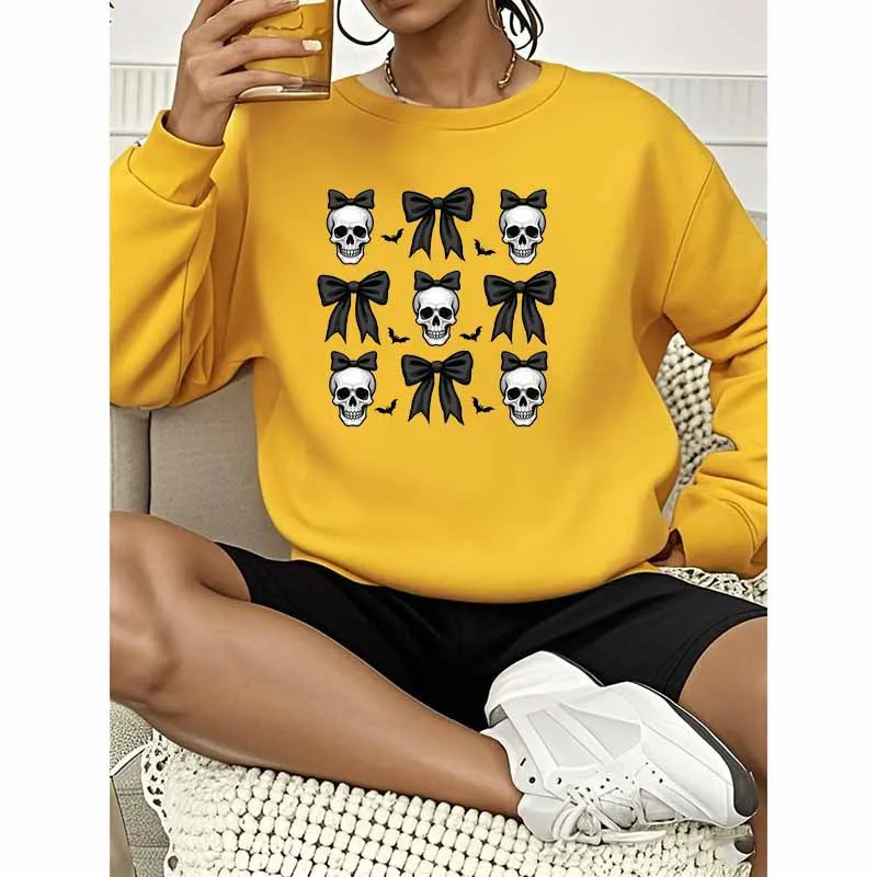 جديد الأكثر مبيعا جولة الرقبة الصوف هوديي مع القوس الجمجمة طباعة هو بلوزة دافئة عصرية وعصرية بلوزات الجمالية