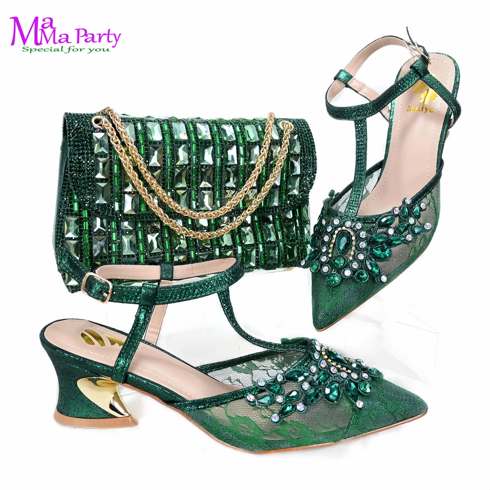 Ladies' Evening Dress Bag with Shoes Set, Italian Designer Sparkling Mesh Design with Crystal in Green Color for wedding