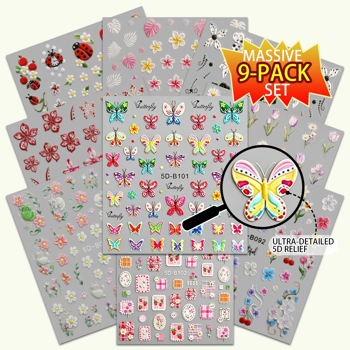 9-pack 5D relief nail decoration stickers, strawberry checkered flowers, butterflies, cute cat patterns, 3D nail art supplies