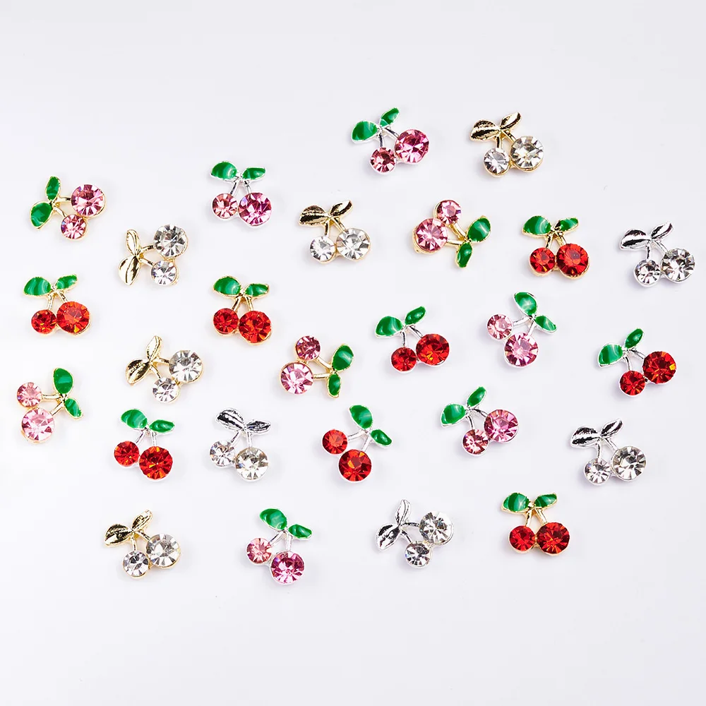 20pcs/Bag 3D Shiny Cherry Nail Charms Flatback Alloy Pink/Red Gems Crystal Nail Art Decorations DIY Kawaii Cherry HairpinPendent