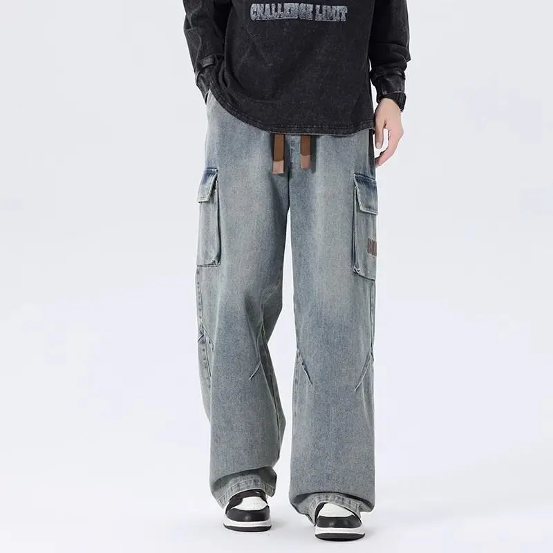 Mens 2026 Spring American Vintage Wide Leg Work Denim Pants High Street Loose Casual Long Trousers Male Trendy New