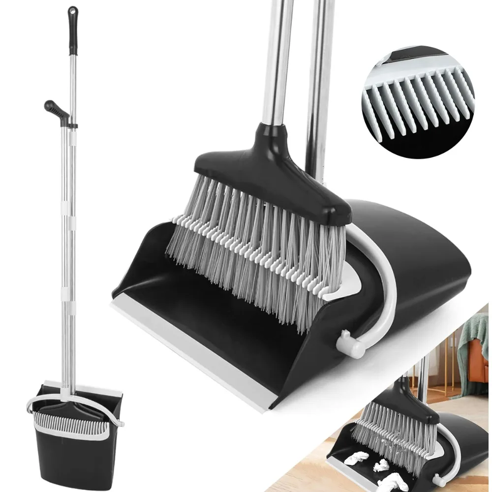 Set composto da scopa e paletta con manico lungo, ideale per la pulizia a terra, dotato di pettine integrato, perfetto per l’uso in ambienti interni ed esterni, in garage, cucina, ufficio o in