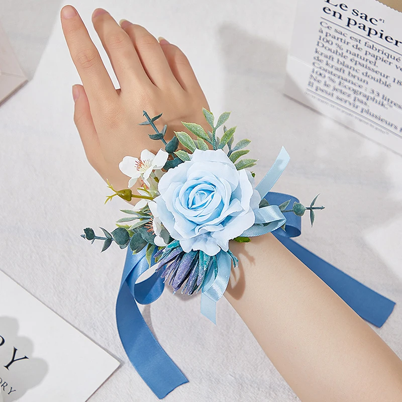 Azul lótus rosa corsage e boutonniere baile de formatura flor artificial pulso corsage pulseiras baile corsage pulseira