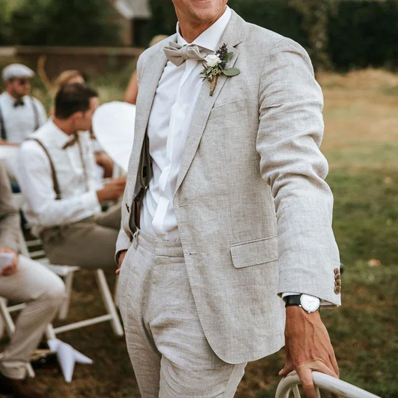 

Beige Linen Suits For Men Beach Slim Fit Wedding Summer Groom Tuxedo Custom Made 2 Piece Custom Wedding Costume 2025