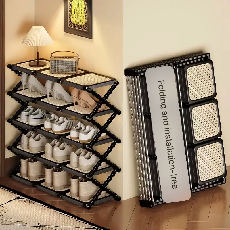 Foldable Vintage Space Saving Shoe Rack Stand Thickened Iron Tube Double Row Multi-Layer Rust-proof Sturdy Shoe Storage Entryway