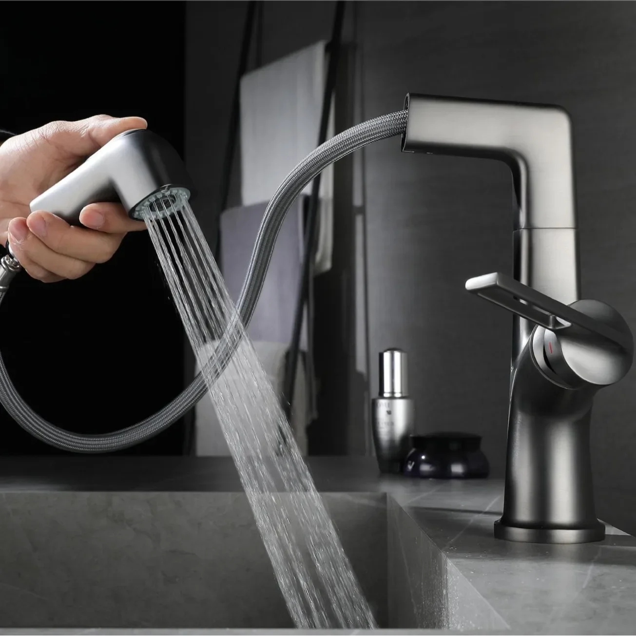 Retractable Lift-and-Slide 360-Degree Rotating Hot and Cold Water Tap for Washbasin Bathroom Vanity Unit
