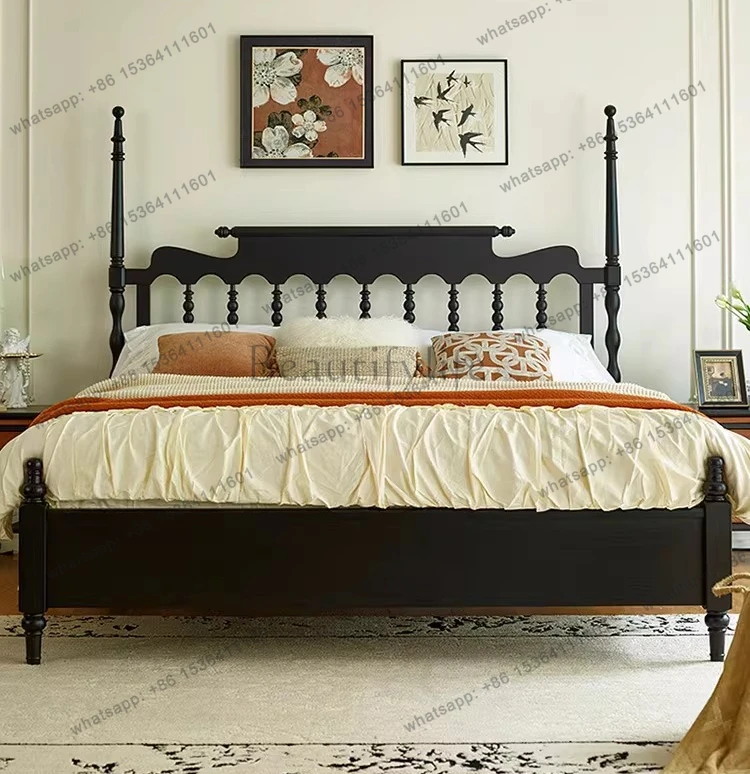 

French retro style solid wood bed American 1.5 meters medium ancient bed master bedroom furniture