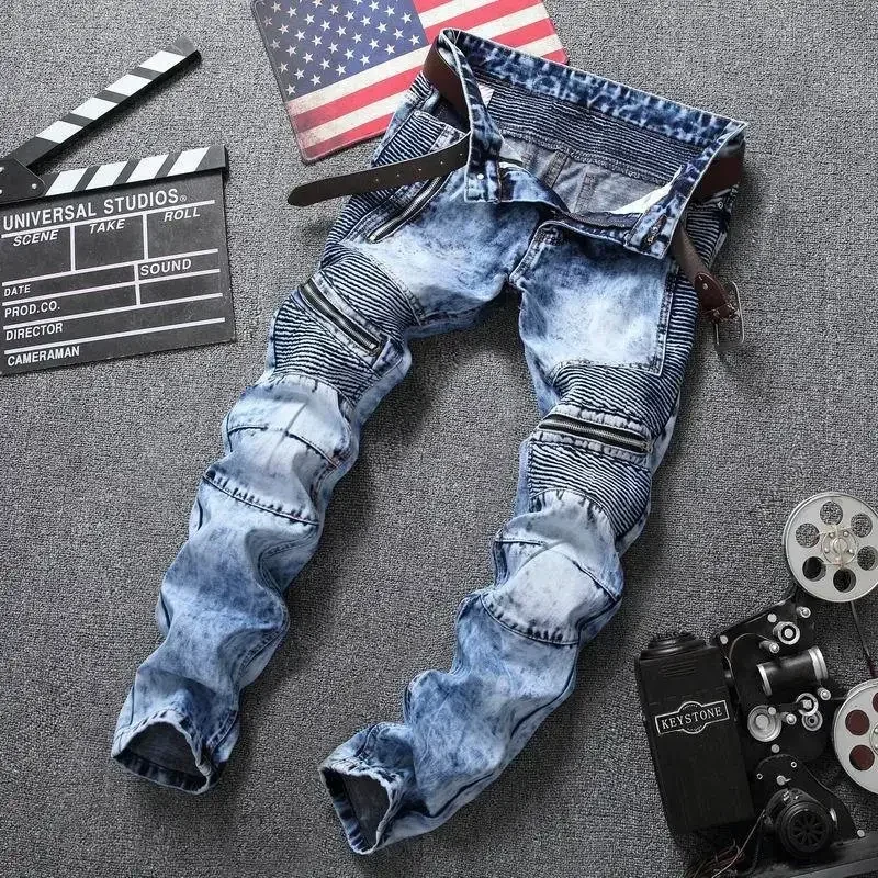 Celana Jeans Skinny Robek Gaya Jalanan Punk Celana Panjang Denim Solid Cuci Antik Pria Celana Lubang Denim Pensil Slim Fit Kasual Pria