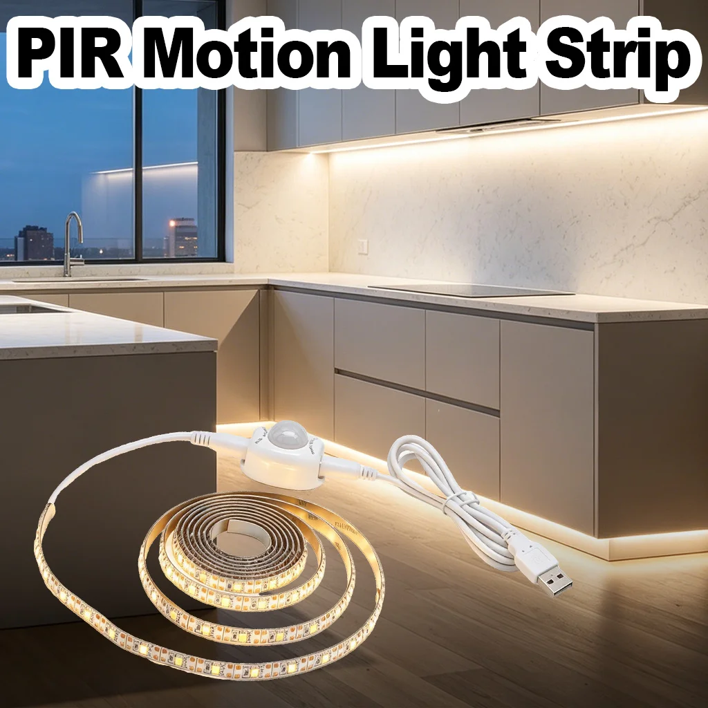 1M/2M/3M Strip Light 5V USB Under Cabinet Lighting PIR Motion Sensor Kitchen Wardrobe Led Tape Warm White Fast Setup Deco Room