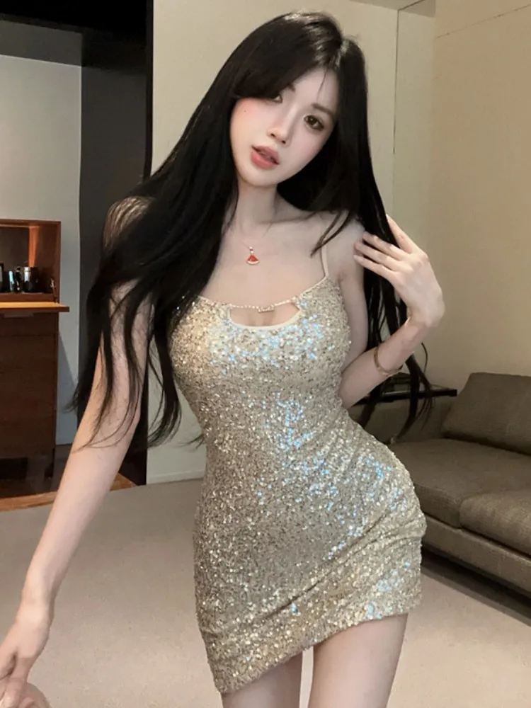 

Shiny Party Atmosphere Dress Sexy Short Skirt Hollow out Bodycon Dress for Summer Elegant Ladylike Style High Waist Design