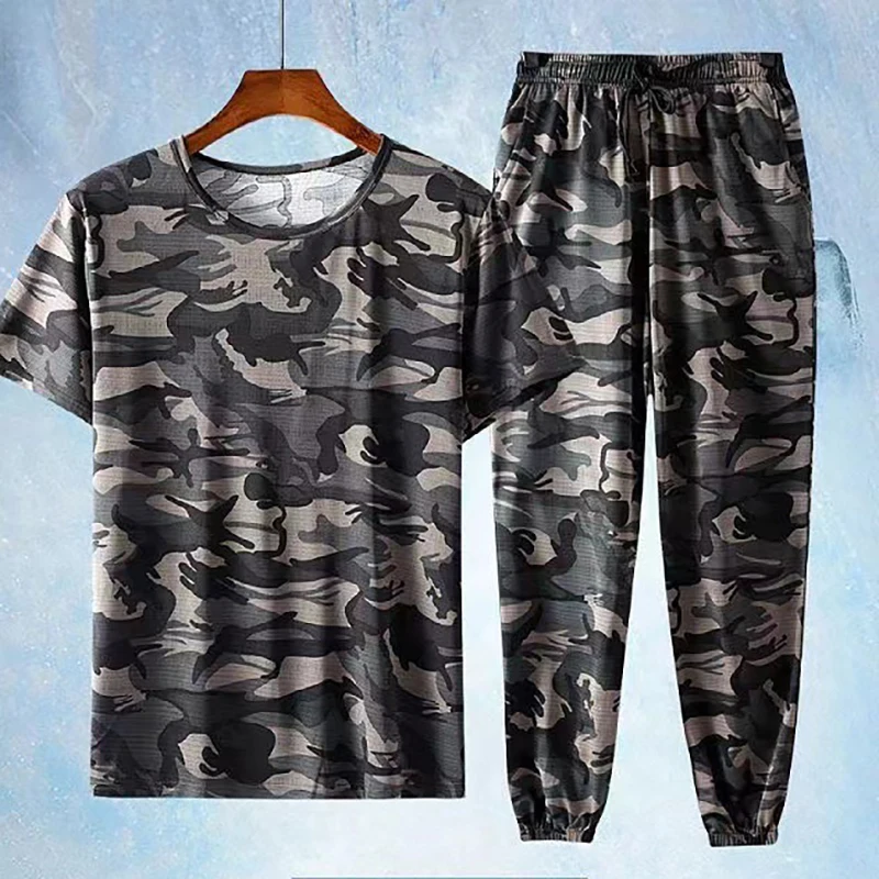 

2026 Men's Summer Work Sets Breathable Ice Silk Mesh T-shirt Camouflage Jogger Sweatpants Quick Dry Elastic Protective Work Suit