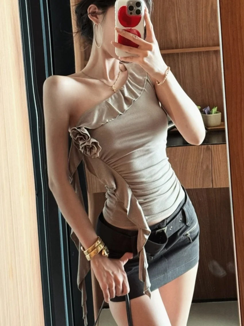 الغريبة كيتي الكاكي المرأة الأزهار تانك القمم الصيف أكمام الكشكشة 2025 شارع العليا شيك جديد عادية نحيل لطيف مثير كاميس