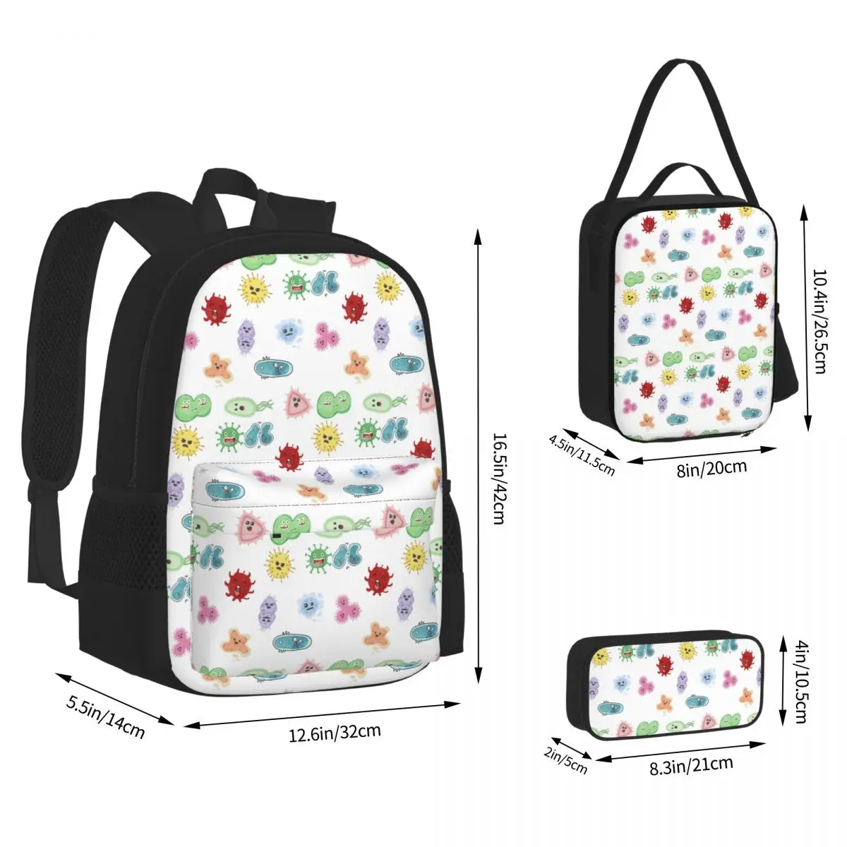 Microbes Bacteria Virus Ecoli Micro Biology Backpacks Bookbag School Bags Children Rucksack Lunch Bag Pen Bag Three-Piece Set