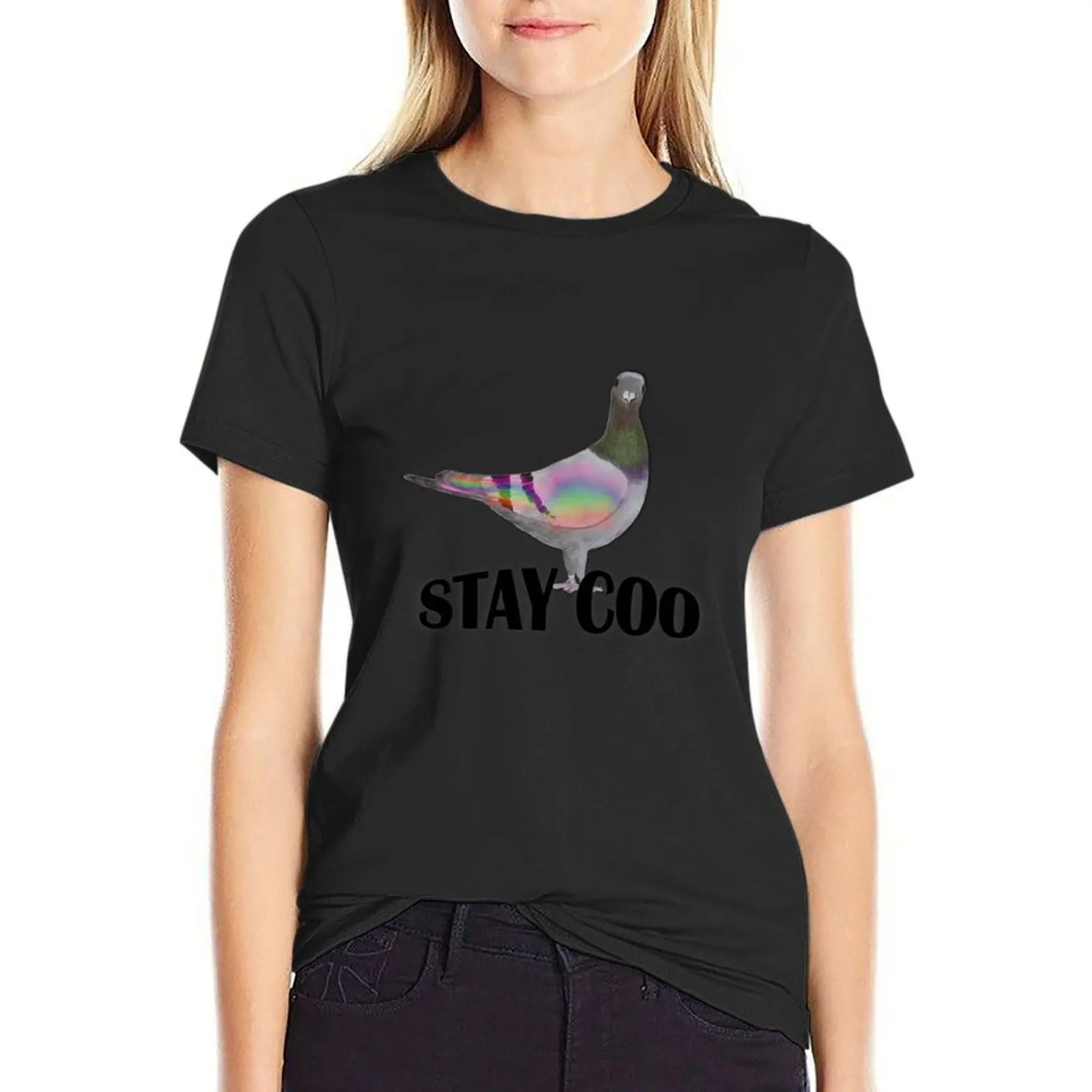 Stay Coo, Pigeon T-Shirt Short sleeve tee funnys Women's summer blouses 2024