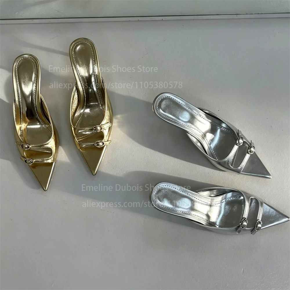 Satin Double Rhinestone Buckle High Heel Sandals Sexy Women Peep Toe Slip on Stilettos Casual Office Formal Ladies Dress Shoes