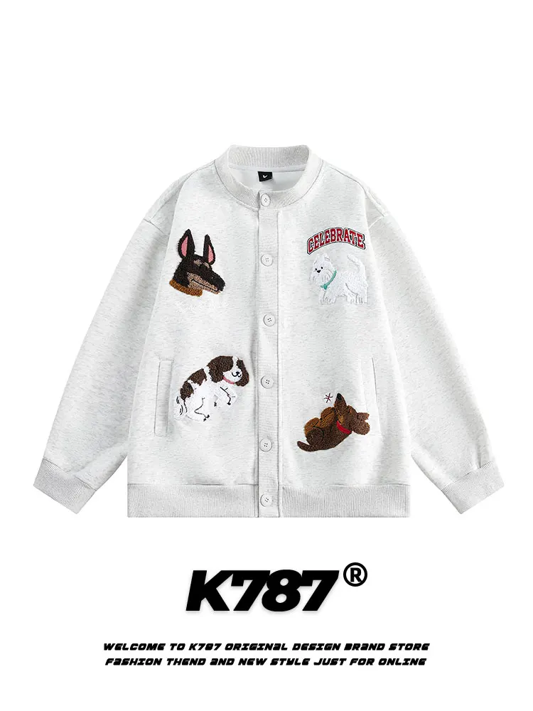 

K787 American Retro Lazy Sle Embroidered Stand Collar Sweatirt Jaet Men's Fun Dog College Sle White Jaet