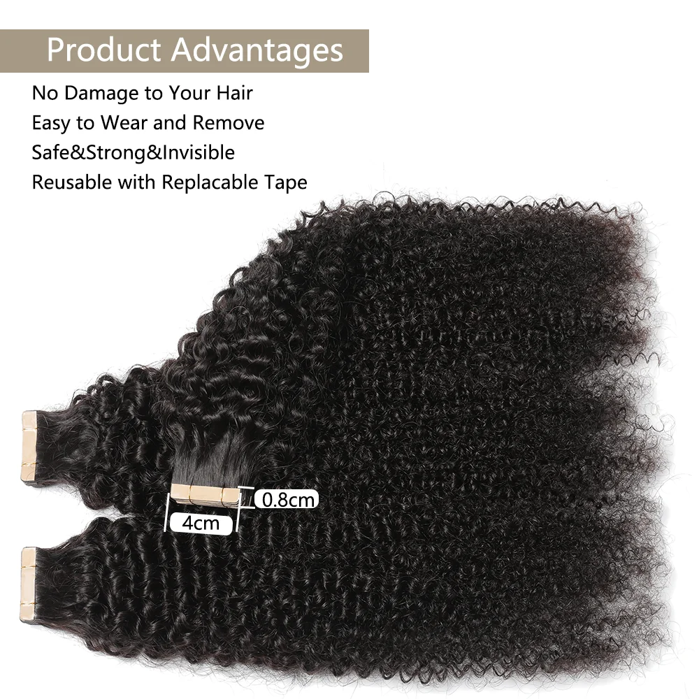 Kinky Curly Tape in Hair Extensions Human Hair Natural Black #1B Invisible PU Skin Weft for Black Women Seamless Full Head Hair