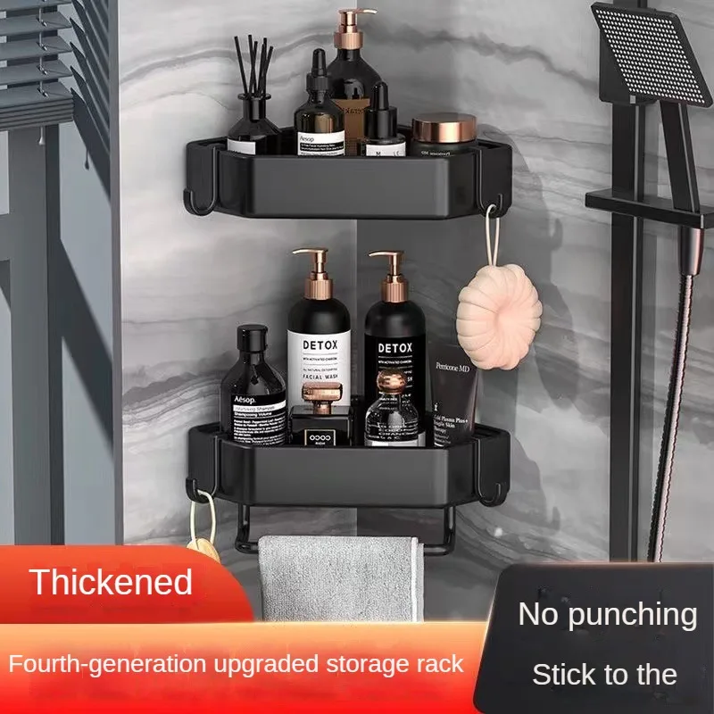 Punch-free Bathroom Triangle Rack, Black Toilet Storage, Wall-mounted, Double-layer Corner Rack, Elegant