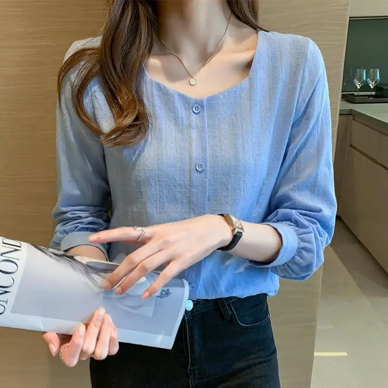 French Blouse 2024 Spring Autumn New Women\'s Square Collar Button Solid Color Screw Thread Stylish Loose Long Sleeve Shirt Tops