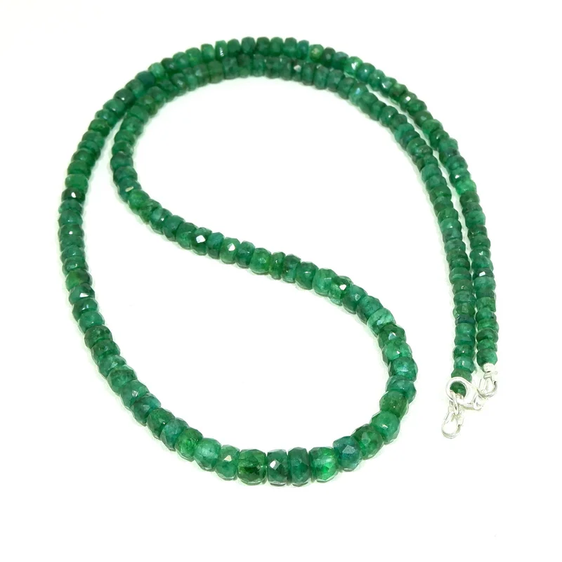 20inch Natural Green Beryl Faceted Rondelle Beads , 4-6mm, Silver Necklace.
