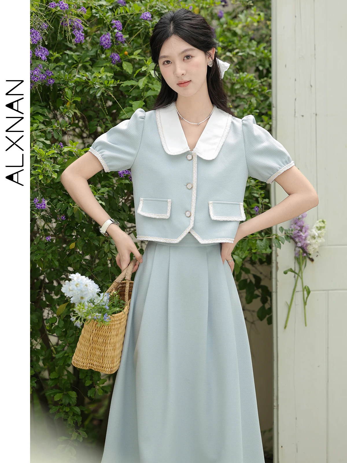 ALXNAN Light Blue High Waist A-line Midi Skirt 2024 Simple Elegant Elastic Waist Women's Skirts Summer New Clothing L35301BQ