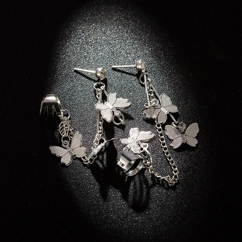 

Korean Handmade Butterfly Net Red Tassel Crystal Ear Pin Chain Double Temperament Earrings Ear Bone Nail Ear Clip Hot Sale