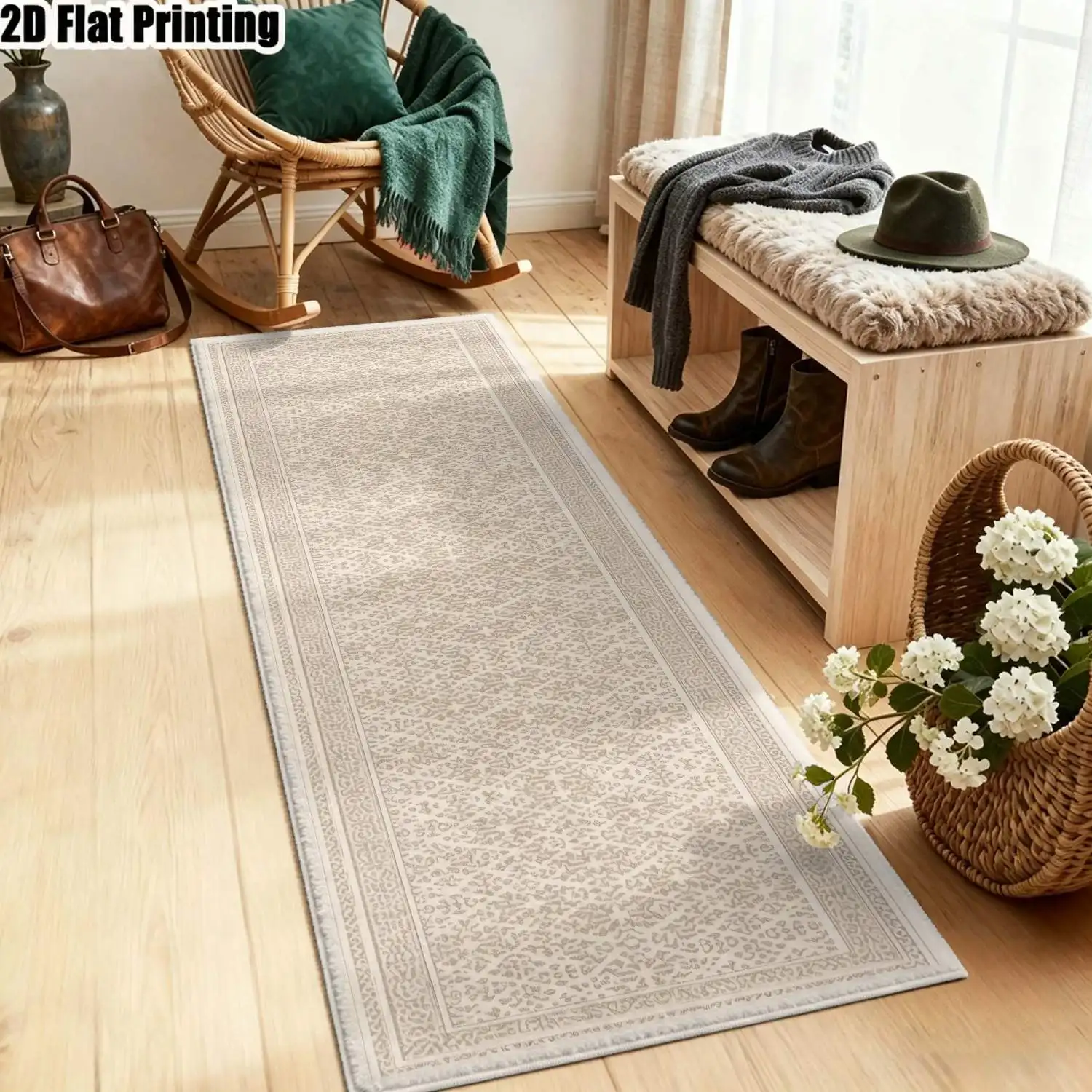 1Pc 2D Printed Striped Rug, Beige Geometric Nordic Modern European Style, Home Decor, Multi-Size, Machine Washable, for Entrance, Corridor, Living Room, Bedroom