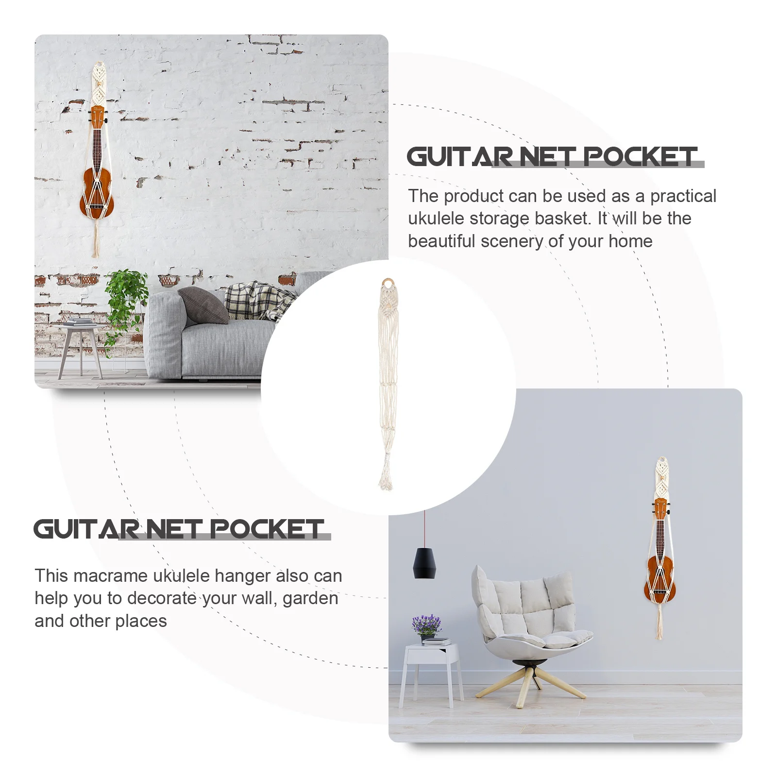 

Wall Mount Ukulele Hanger Handwoven Cotton Linen Macrame Instrument Holder Wall Hanging Decor for Home Office Garden