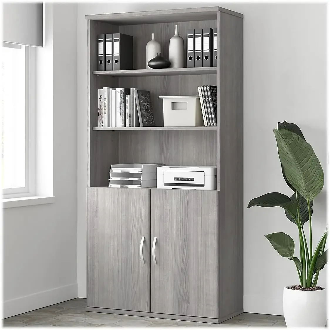 Studio A Tall 5 Shelf Bookcase with Doors, Platinum Gray