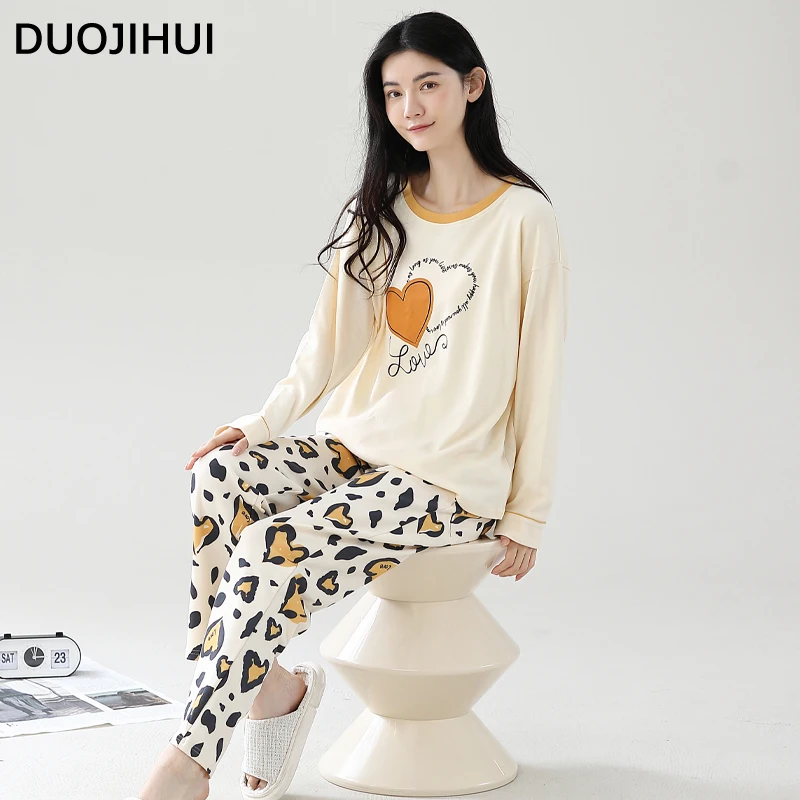 DUOJIHUI-Conjunto de pijama informal para mujer, jersey de cuello redondo, pantalón básico, elegante, estampado, Simple, suelto, Color de encanto, Otoño, nuevo